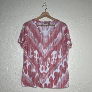 Chico's Women's White Pink Ikat V-Neck Short Sleeve Cotton Top Size XL